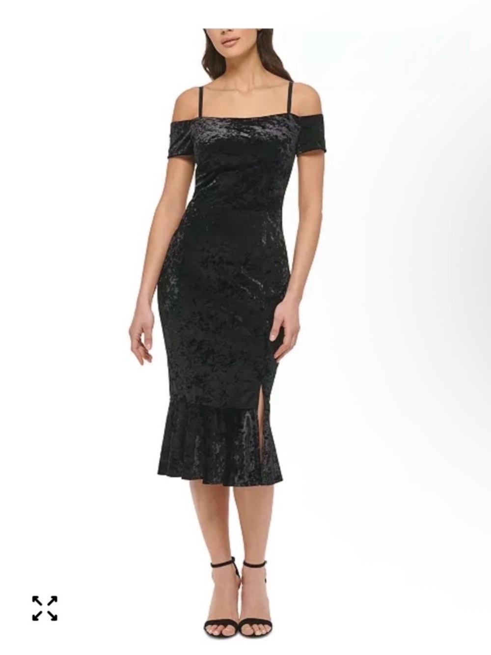 GUESS Black Off-Shoulder Crushed Velvet Midi Dress with Slit